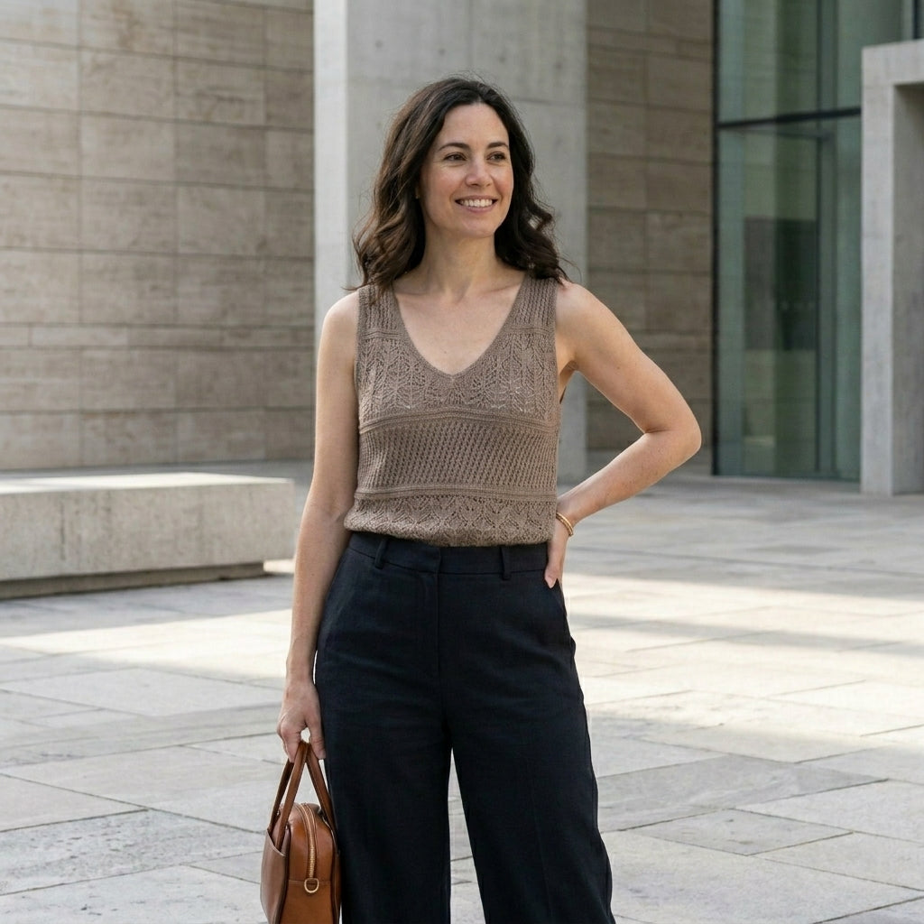 Crochet Knit Sleeveless Tank Top with V-Neck
