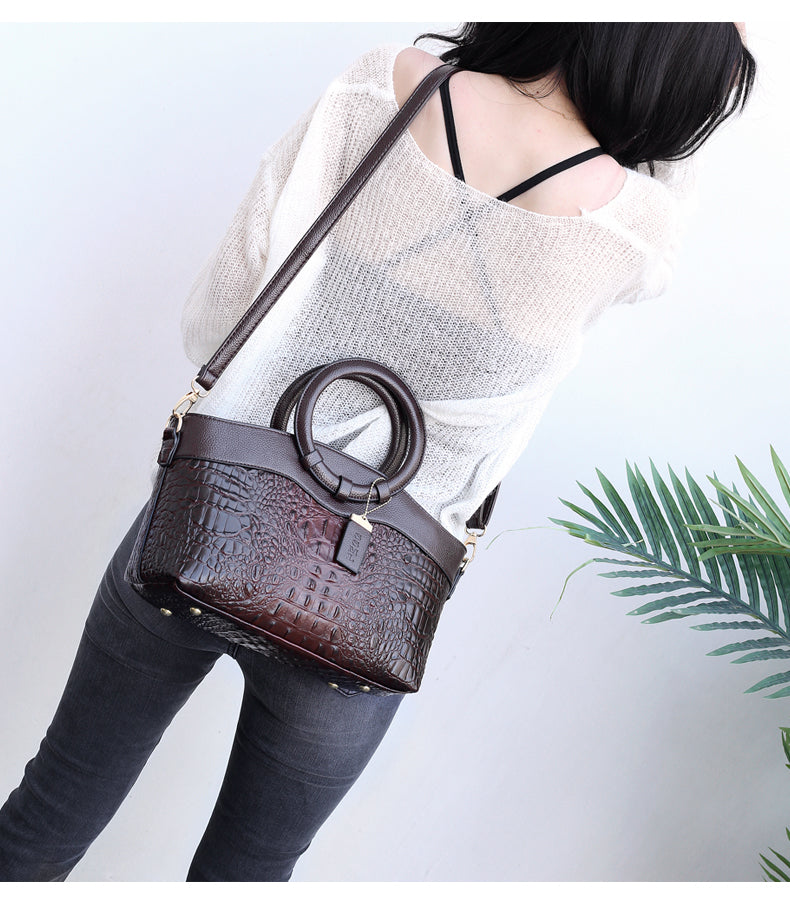 Croc Embossed Round Handle Structured Tote Bag