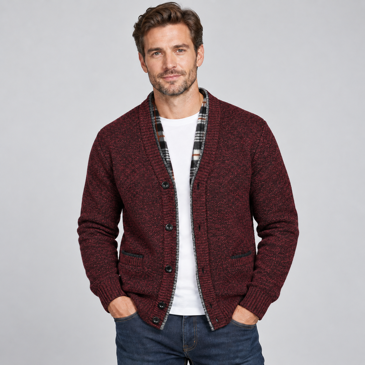 Men's Knit Shawl Collar Cardigan with Plaid Trim