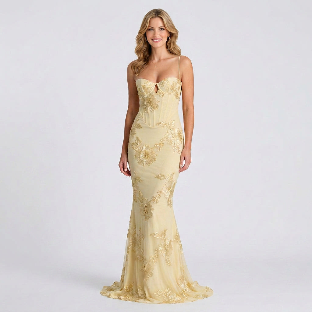 Floral Embellished Maxi Dress Women’s Strappy Evening Gown