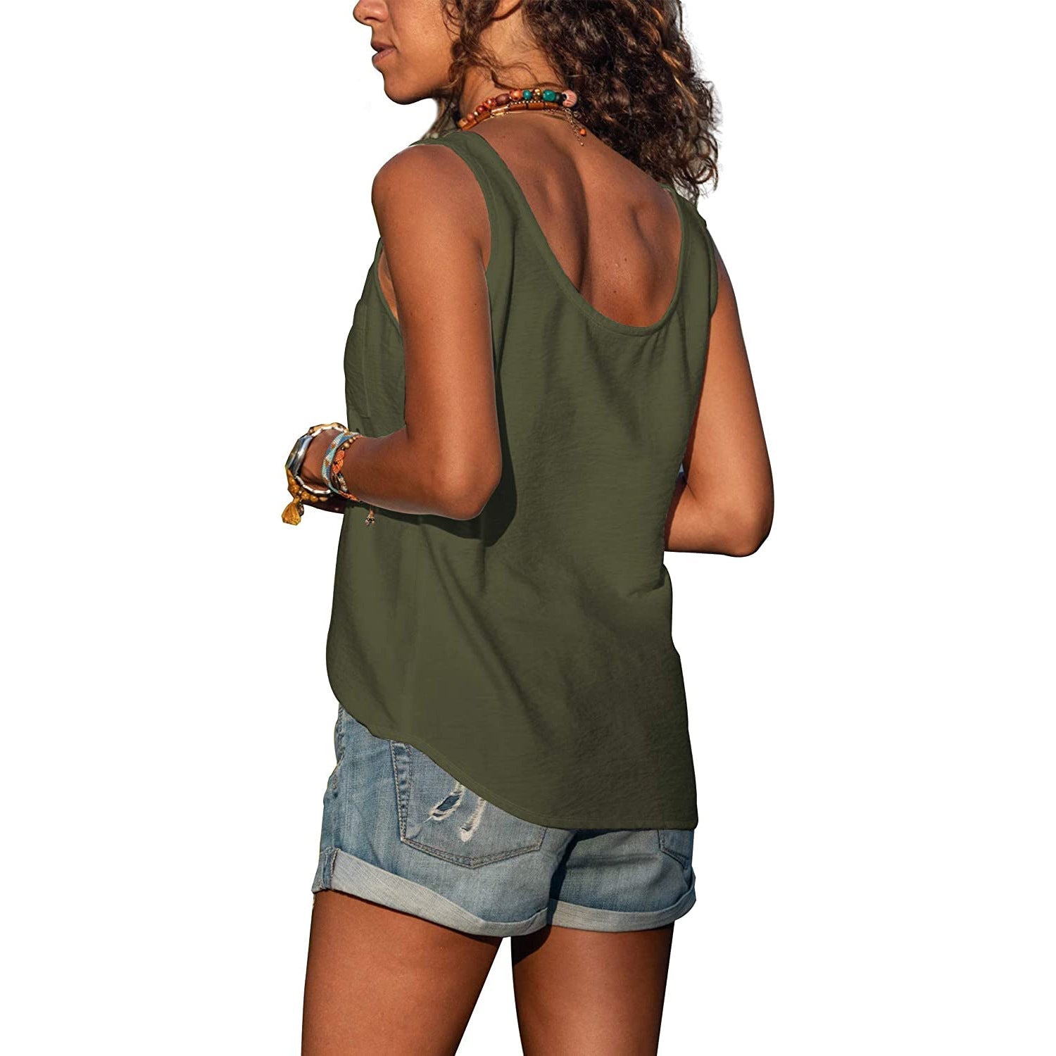Button-Front Sleeveless Tank Top with Chest Pocket