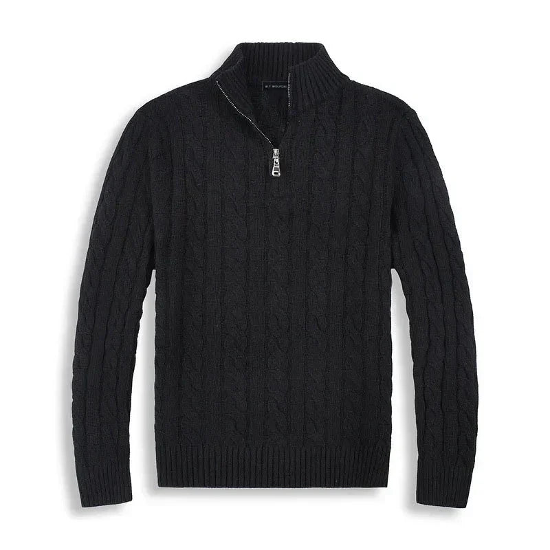 Men's cable knit half-zip mock neck sweater with long sleeves and ribbed trims