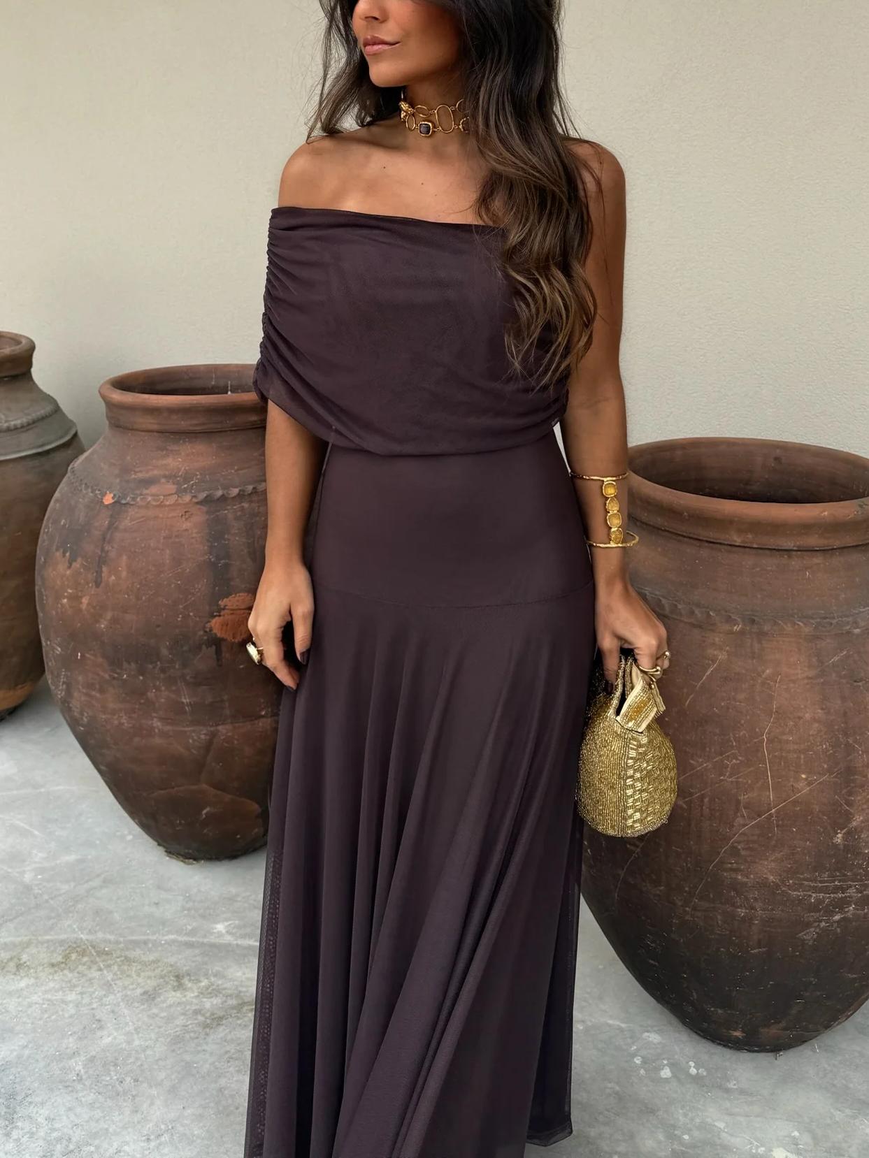 Off-Shoulder Sheer Mesh Flowy Maxi Dress