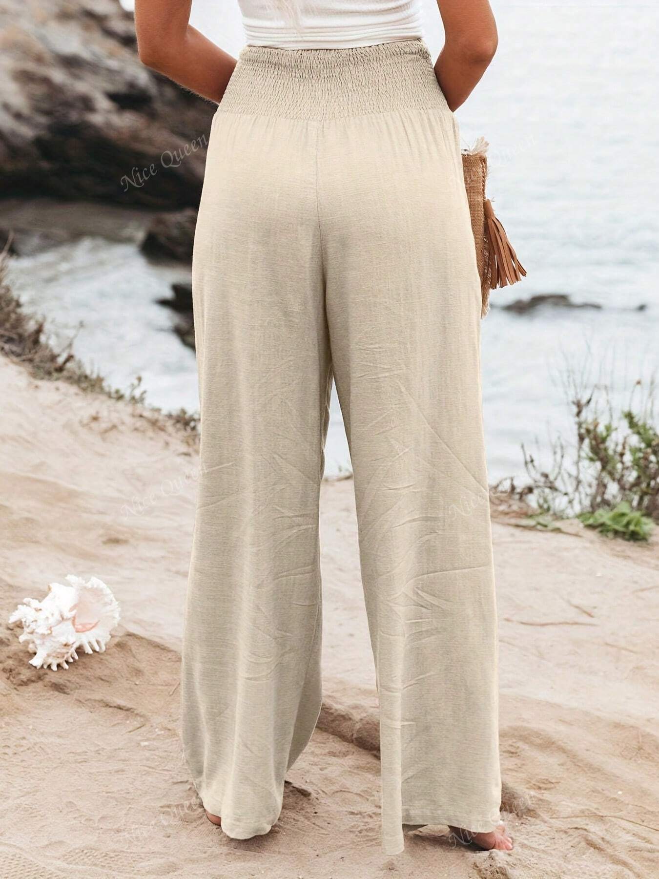 Smocked High Waist Wide Leg Linen Blend Trousers
