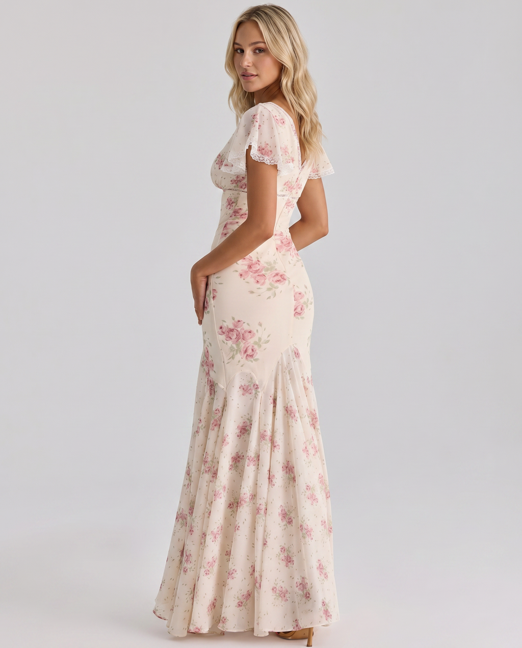 Floral Lace Trim Tie-Front Flutter Sleeve Maxi Dress