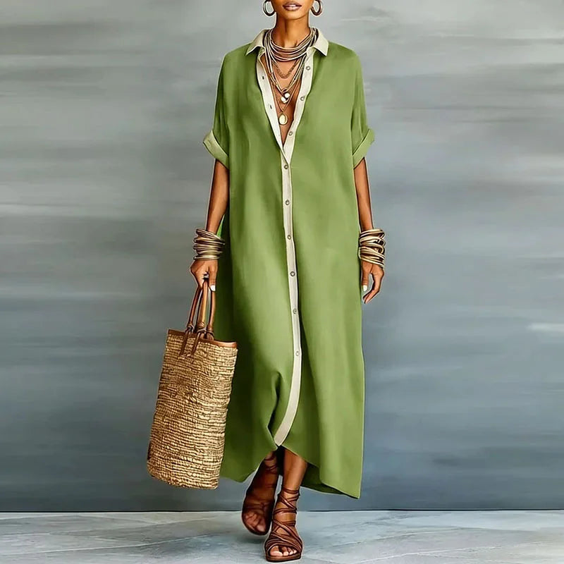 Linen Blend Collared Button-Front Maxi Shirt Dress