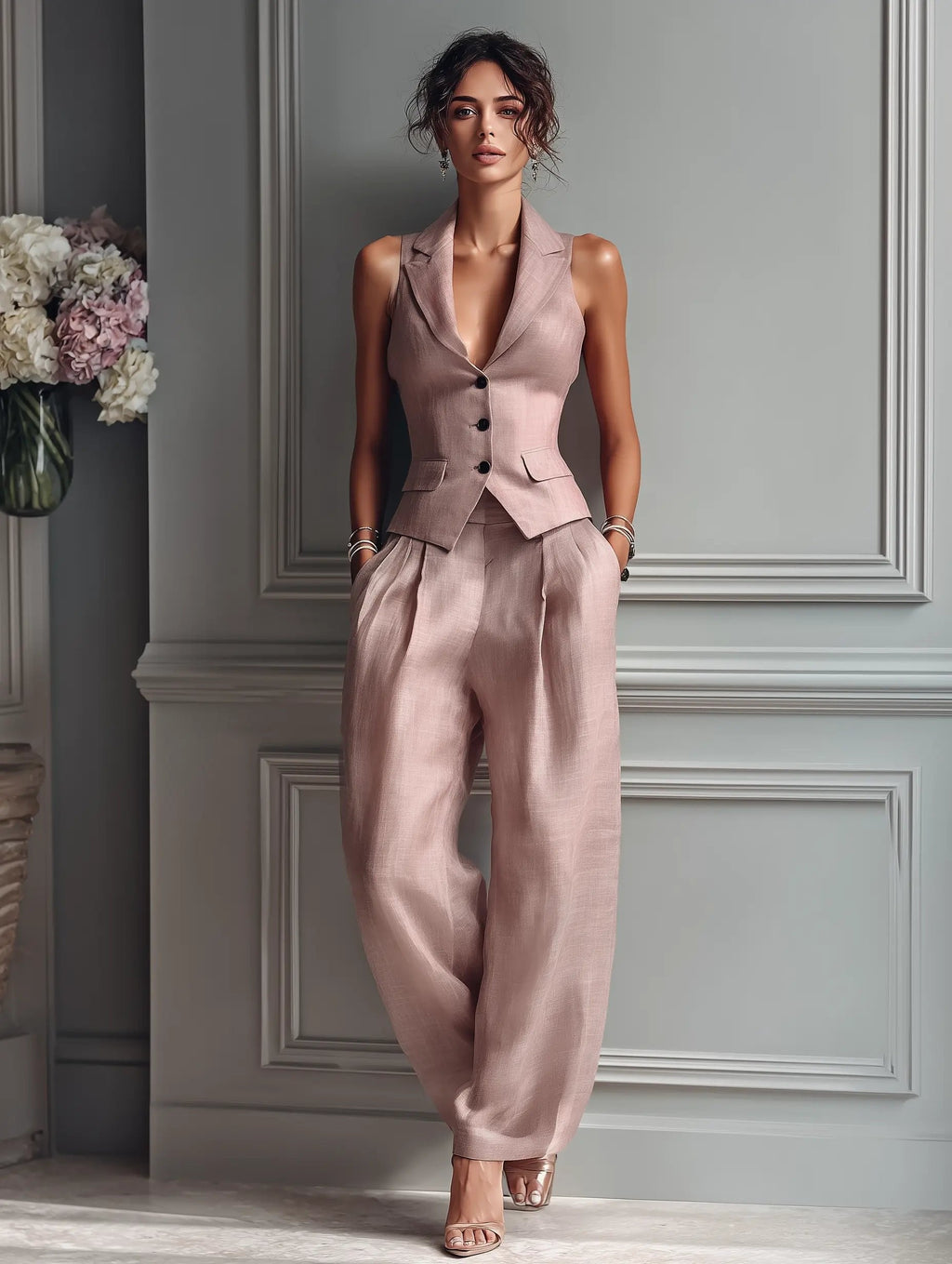 Tailored Sleeveless Vest and Wide Leg Trouser Suit Set