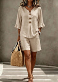 Button-Front Ruffle Sleeve Top &amp; Shorts Set