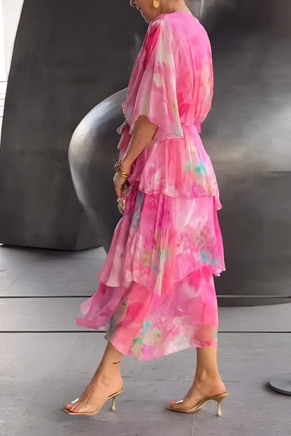 Watercolor Print Wrap Tiered Ruffle Maxi Dress