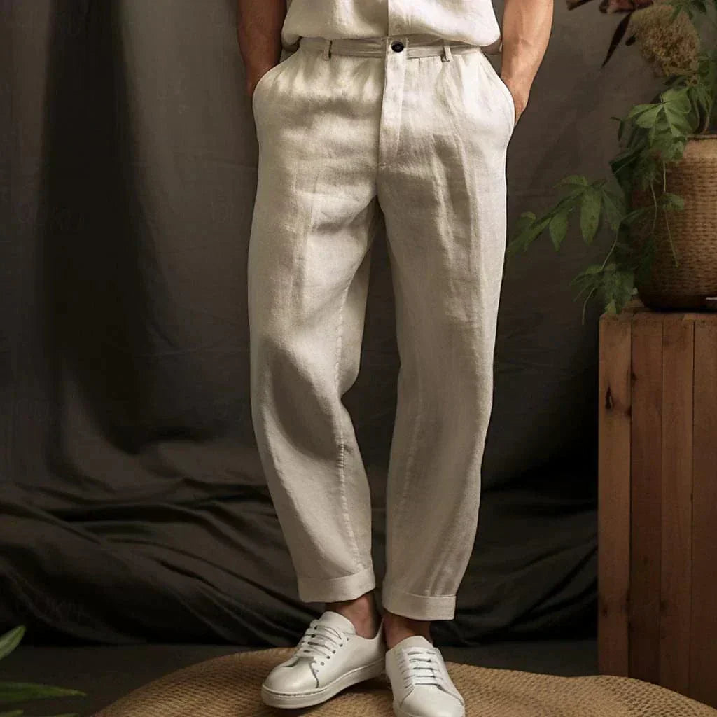 Tailored Linen Blend Trousers with Turn-Up Hem