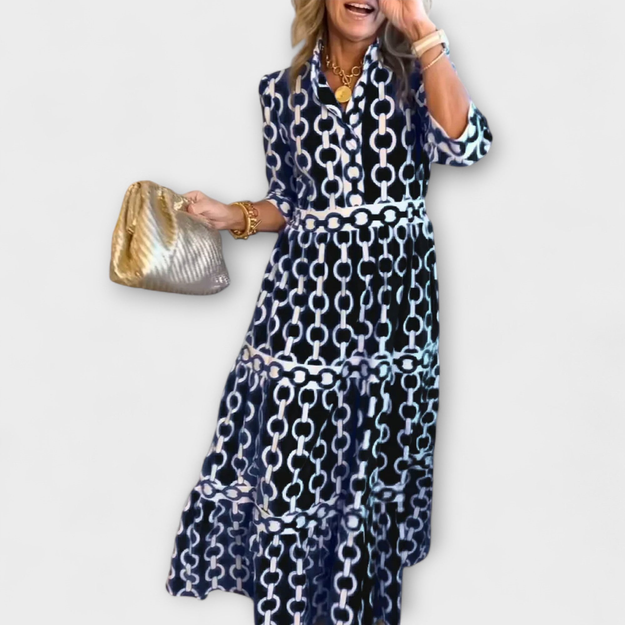 Chain Print Collared Tiered Midi Shirt Dress