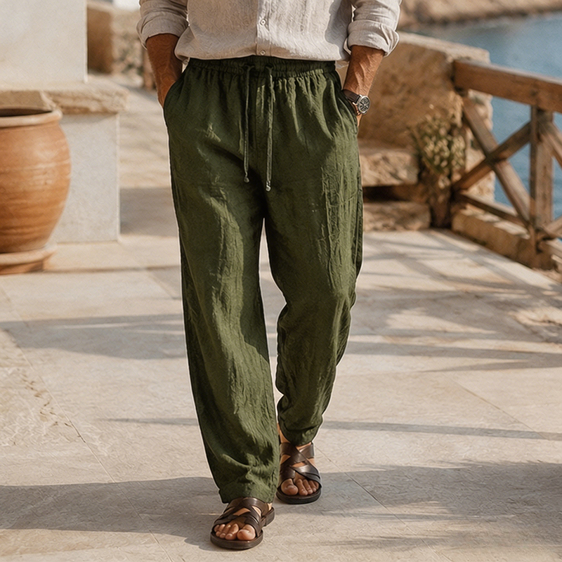 Loose Fit Lightweight Linen Beach Trousers with Drawstring Waist