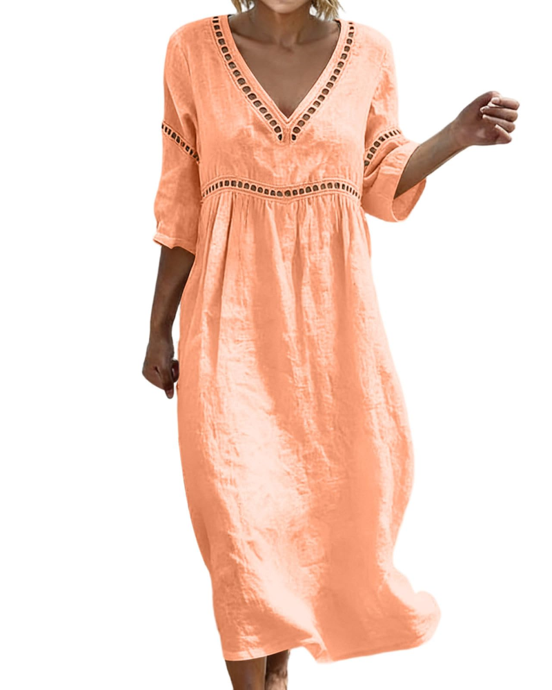 Linen Midi Dress with Hollow Out Trim and Flared Sleeves