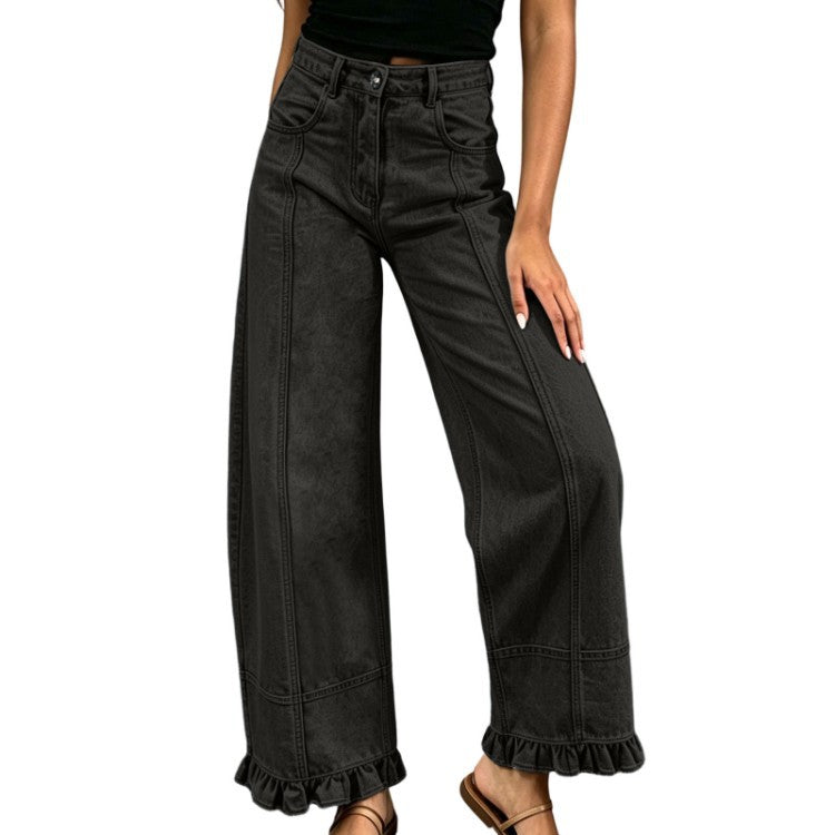 Women's Wide Leg Jeans with Ruffle Hem Detail