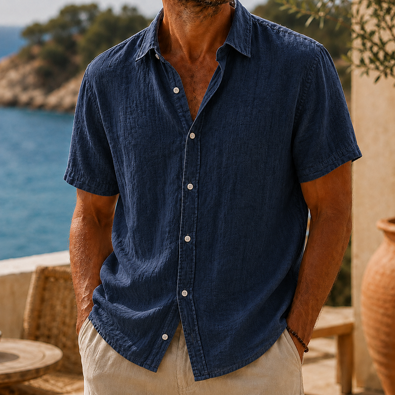 Short Sleeve Cotton Linen Shirt with Classic Collar