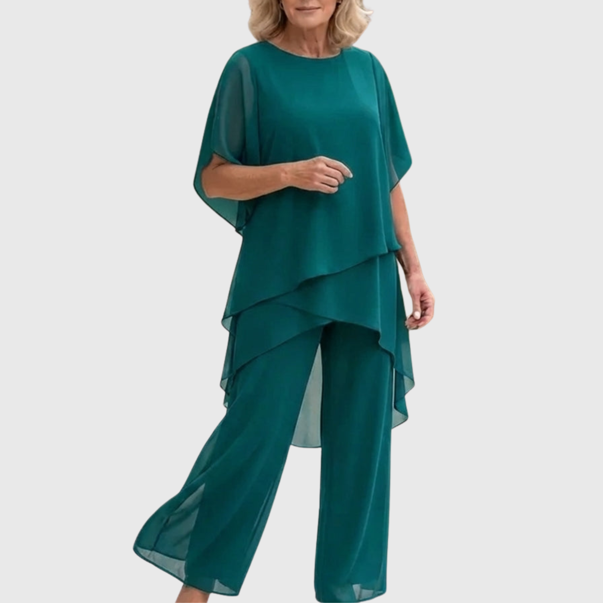 Ensemble haut à manches cape en mousseline étagée et pantalon