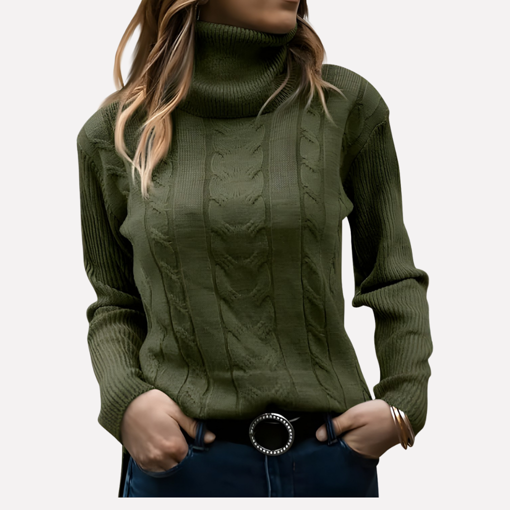 Women's slim fit cable knit turtleneck jumper with long sleeves