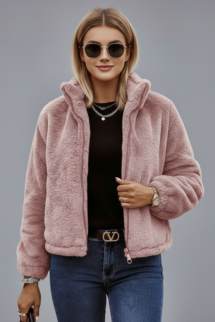 Women's Cropped Teddy Jacket with Stand Collar