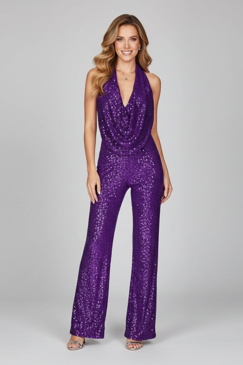 Combinaison à jambes larges, dos nu, avec encolure bénitier et sequins