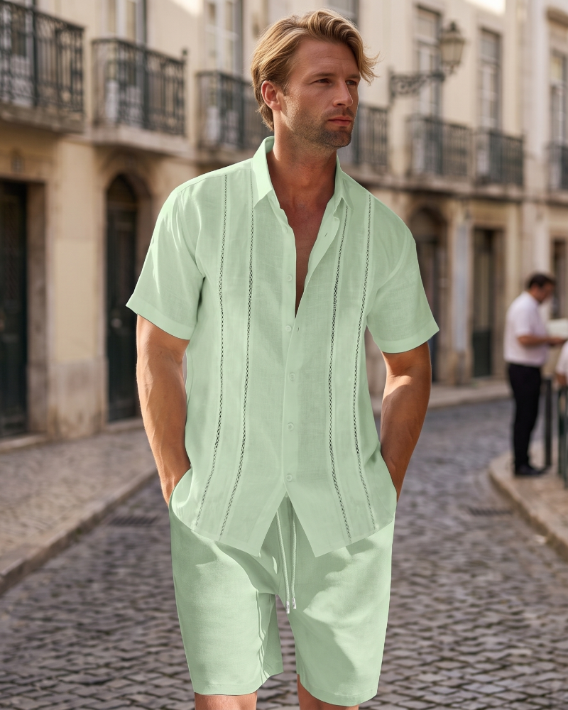 Linen Short Sleeve Shirt and Shorts Two Piece Set