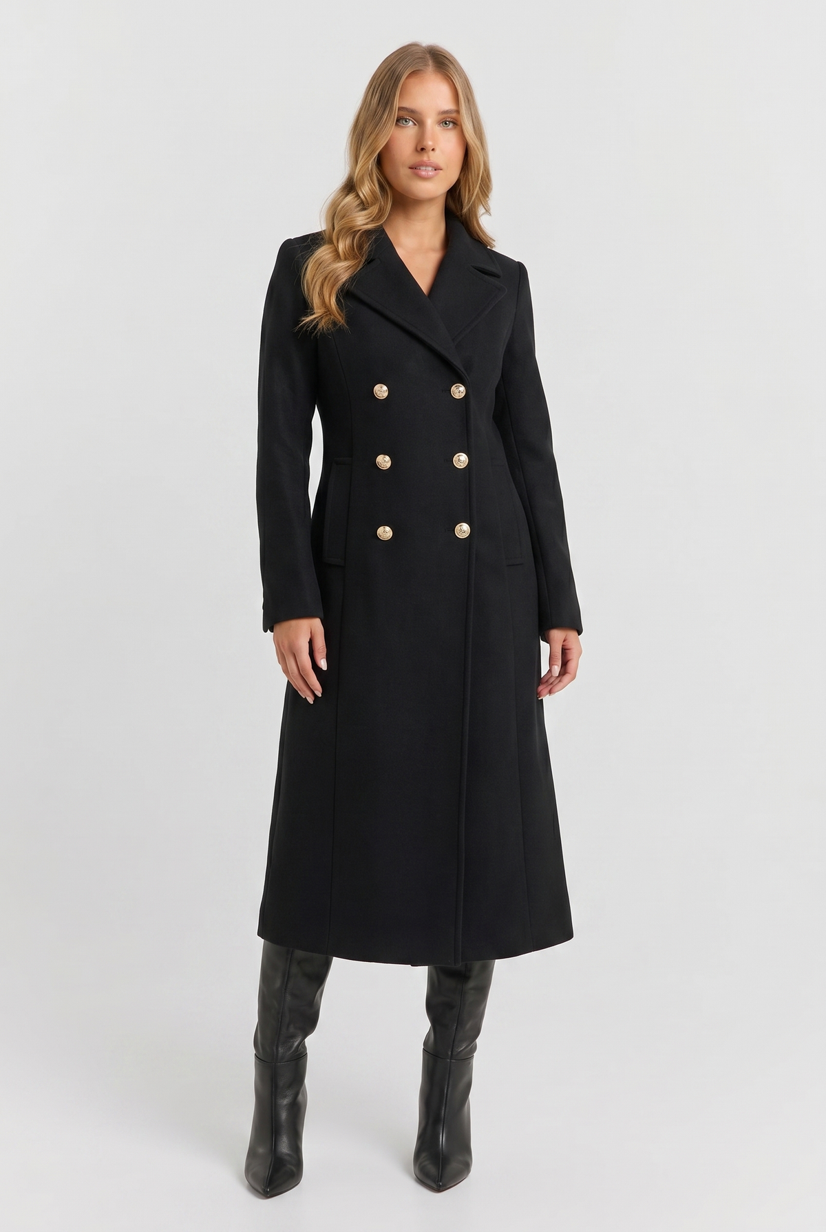 Women's black double-breasted maxi coat with notch lapels and long sleeves