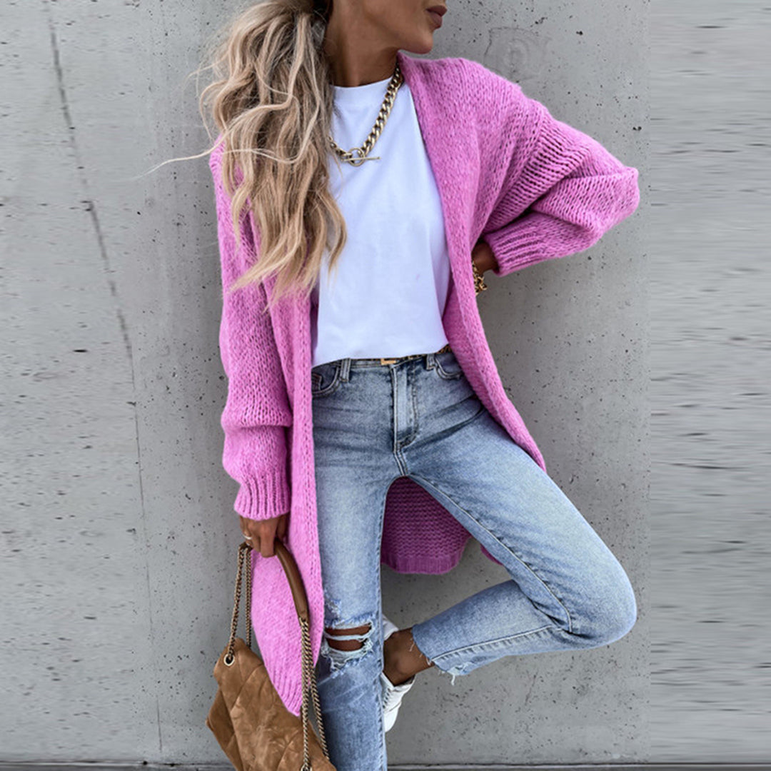 Women's chunky knit longline cardigan with open front and long sleeves