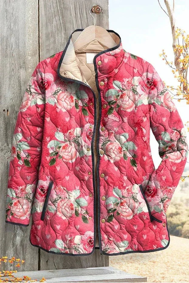 Veste matelassée fleurie patchwork pour femme à boutons-pression sur le devant