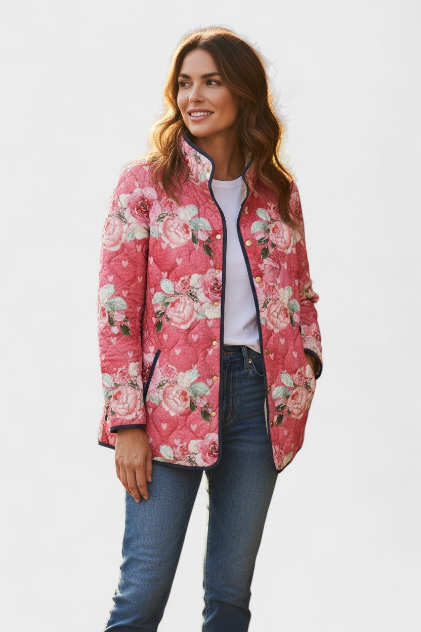Veste matelassée fleurie patchwork pour femme à boutons-pression sur le devant