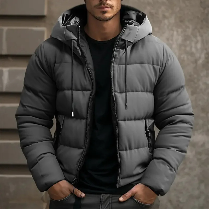 Men's hooded quilted puffer jacket with full-zip front and zipped pockets