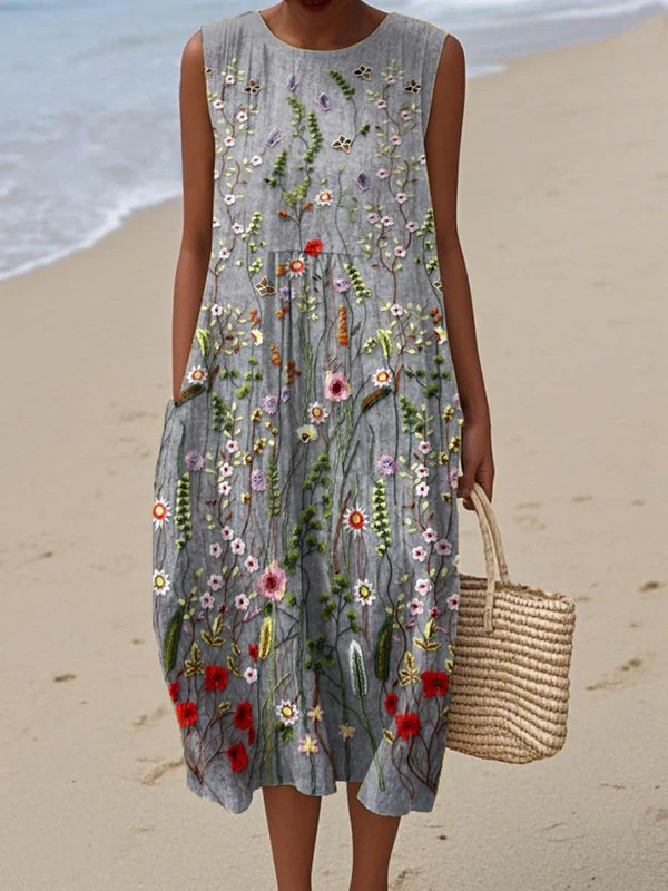 Robe midi sans manches à imprimé abstrait, avec poches latérales