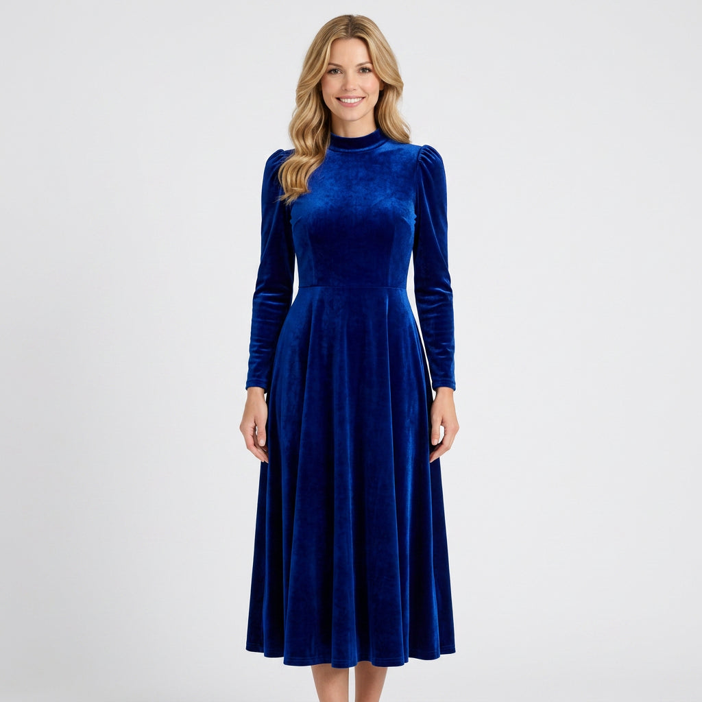 Velvet Midi Dress – High Neck Long Sleeve Occasion Style