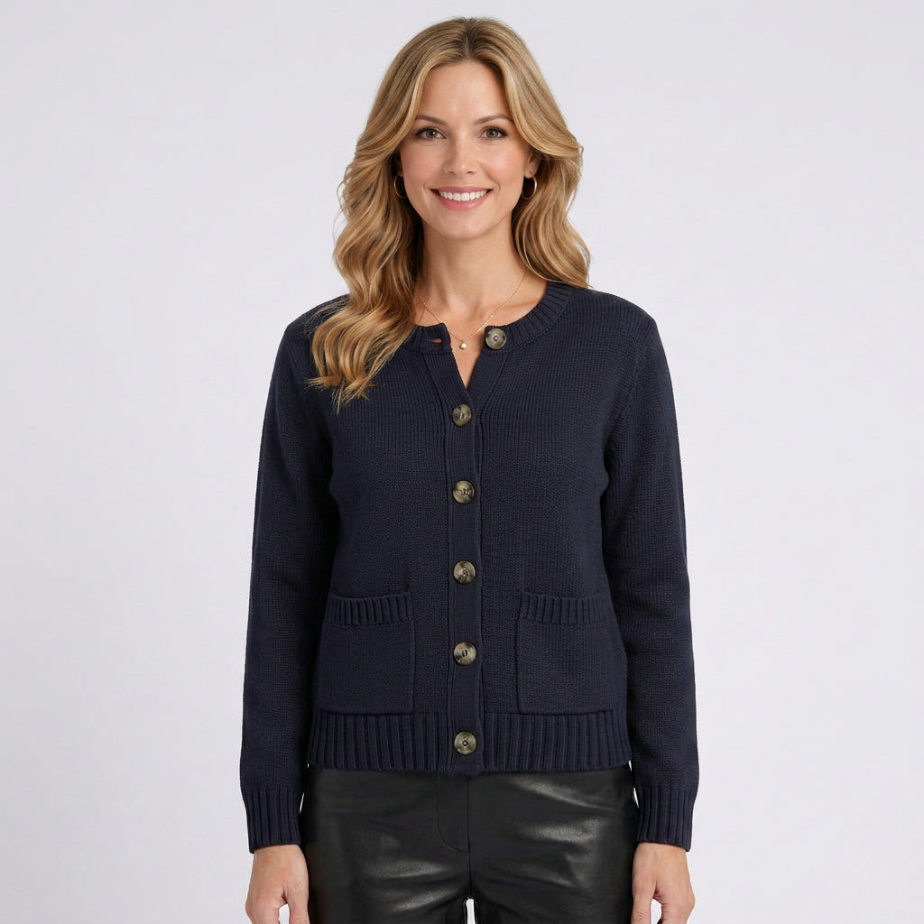 Button Front Cardigan – Round Neck Pocket Detail Style