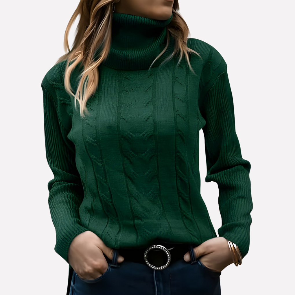 Women's slim fit cable knit turtleneck jumper with long sleeves