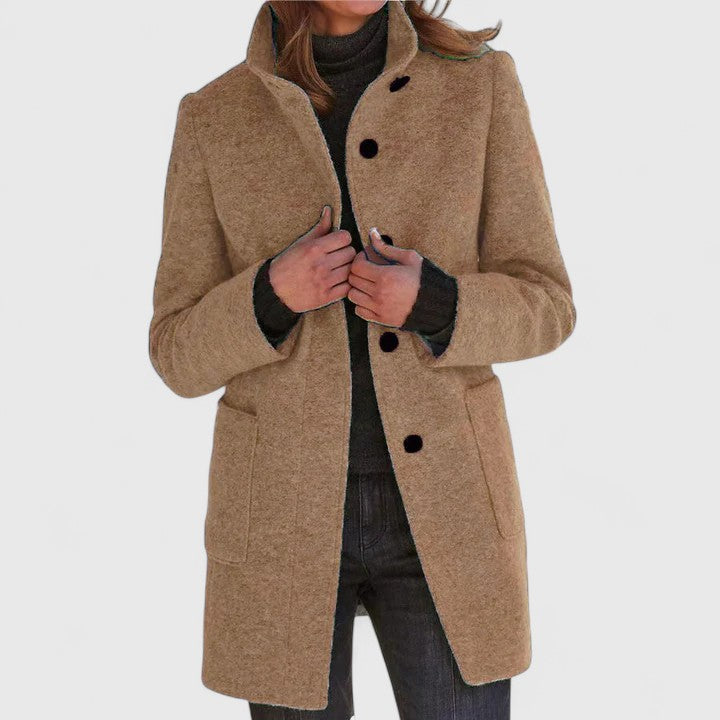 Women's textured stand collar coat with long sleeves, buttons and patch pockets