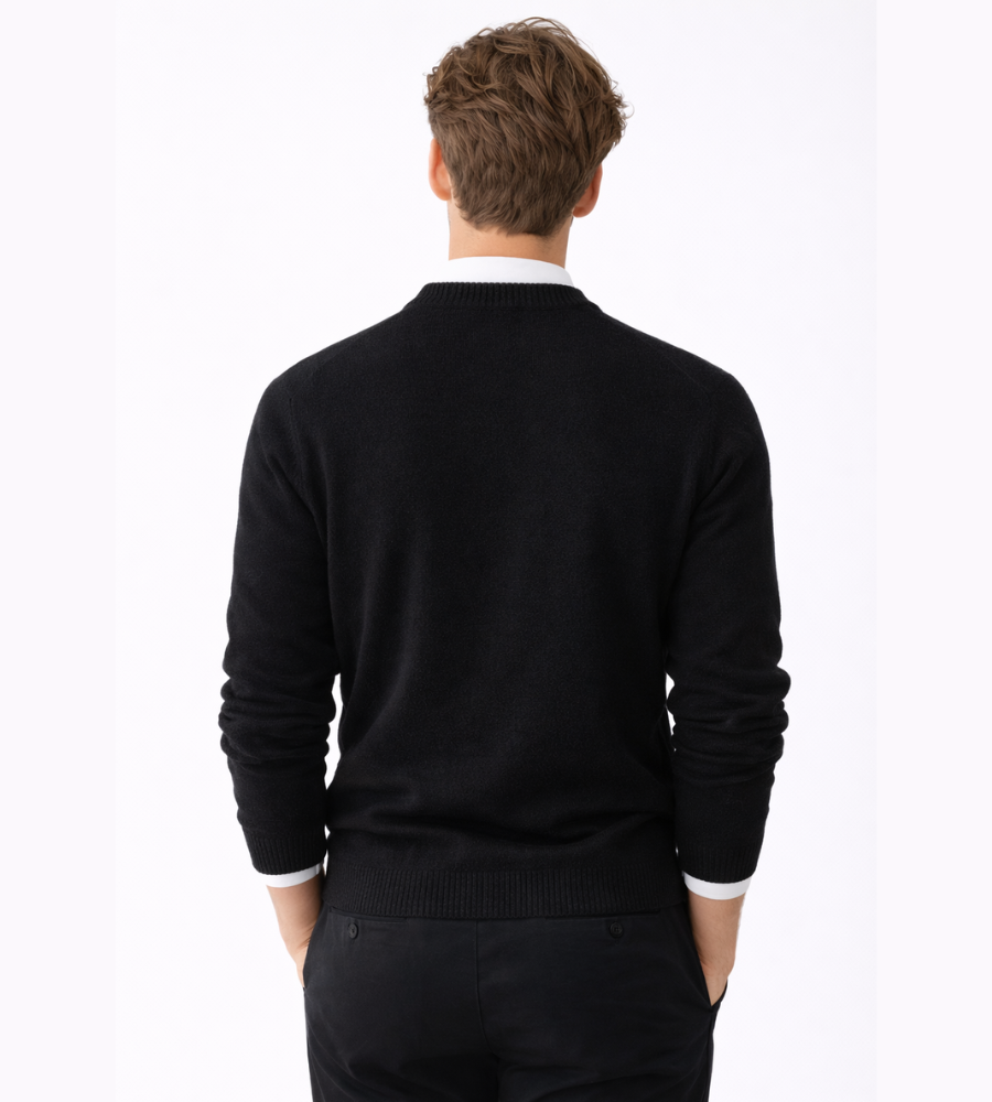 Men's textured knit crew neck sweater shown in light blue and black with long sleeves and ribbed edges