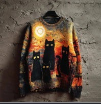 Women's color block sweater with cat motifs, distressed edges and stitched panel details