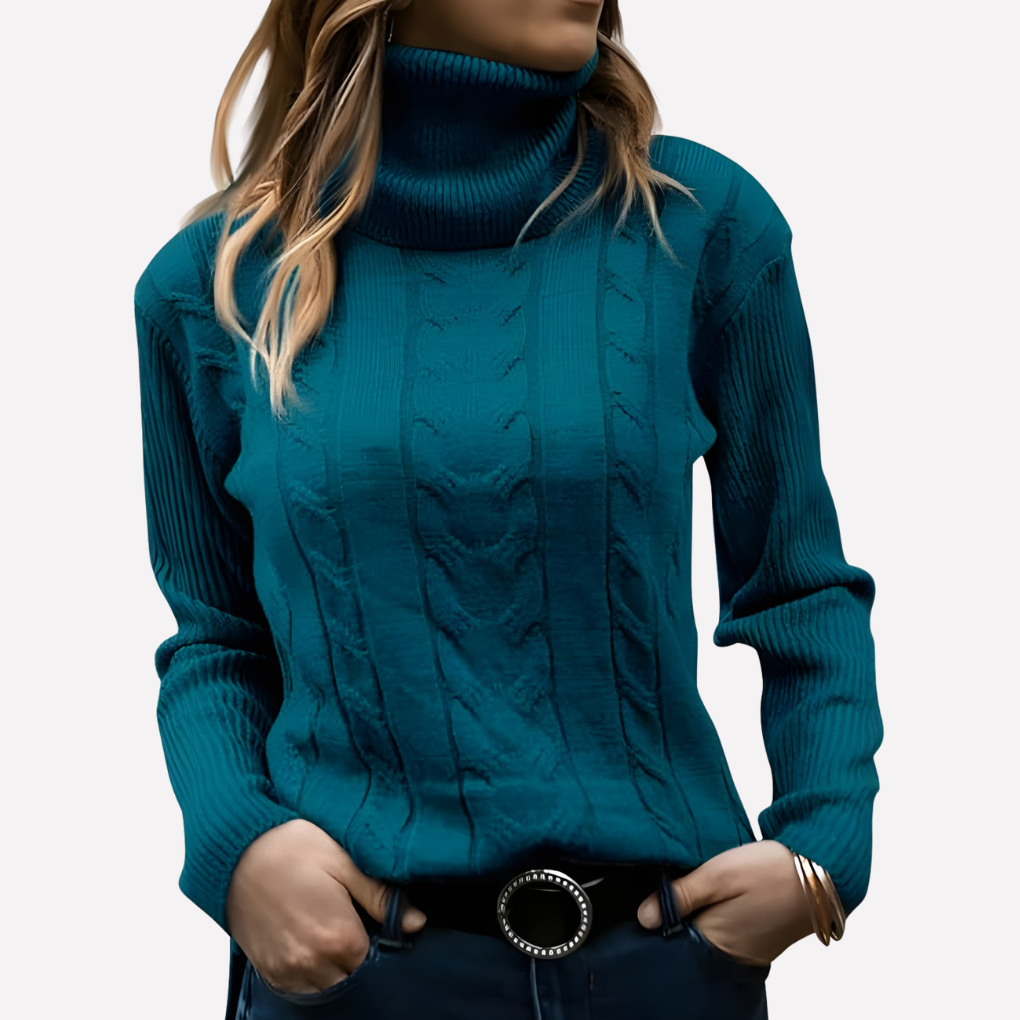 Women's slim fit cable knit turtleneck jumper with long sleeves