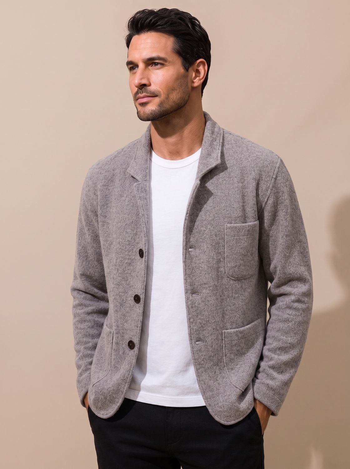 Men's textured knit blazer jacket with notch lapel, buttons and patch pockets