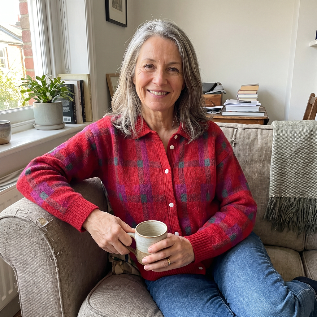 Gilet en maille à carreaux pour femme avec col et boutonnage sur le devant