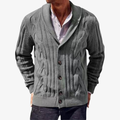 Men's cable knit cardigan with shawl collar, long sleeves and button front