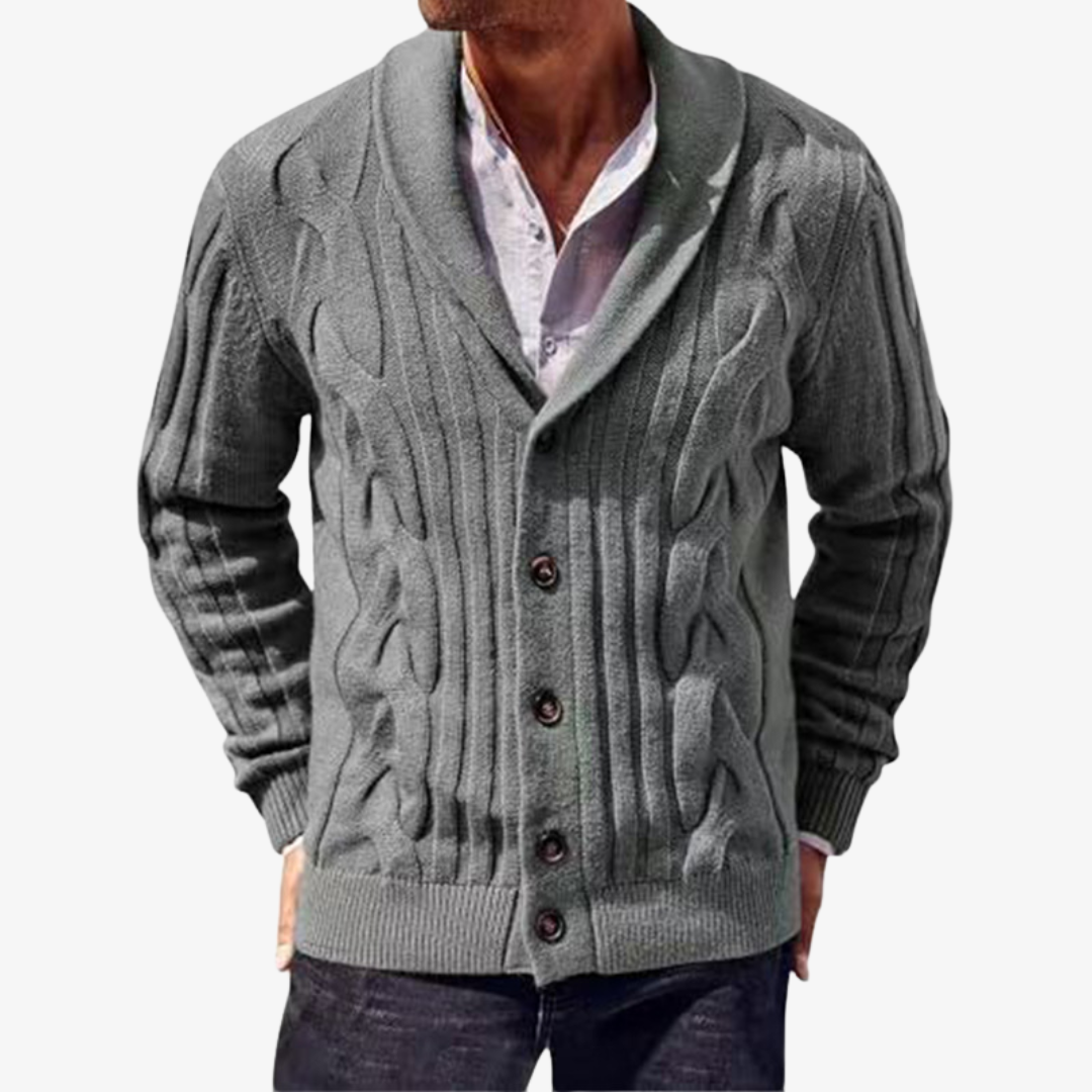 Men's cable knit cardigan with shawl collar, long sleeves and button front