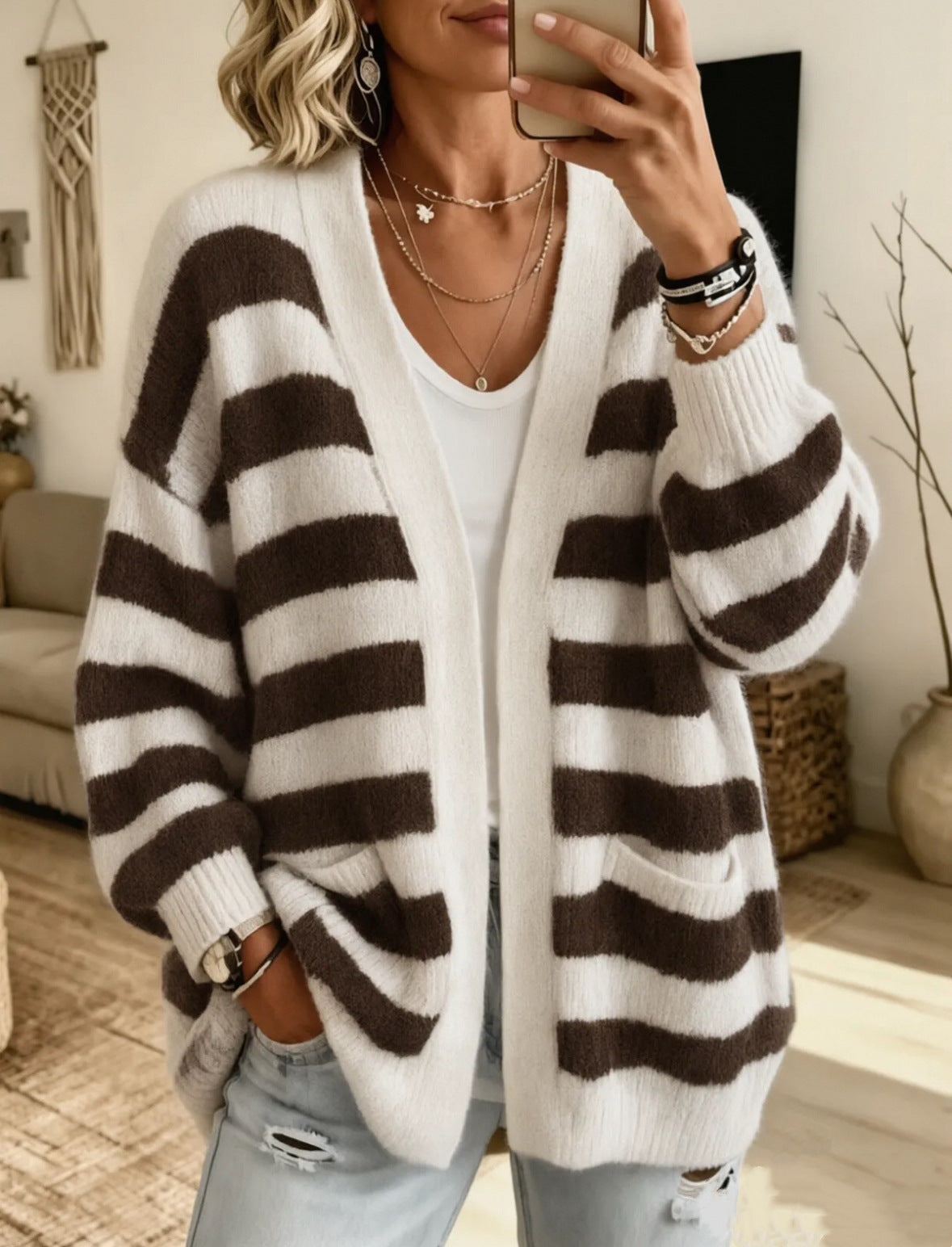 Women's Striped Oversized Open-Front Knit Cardigan