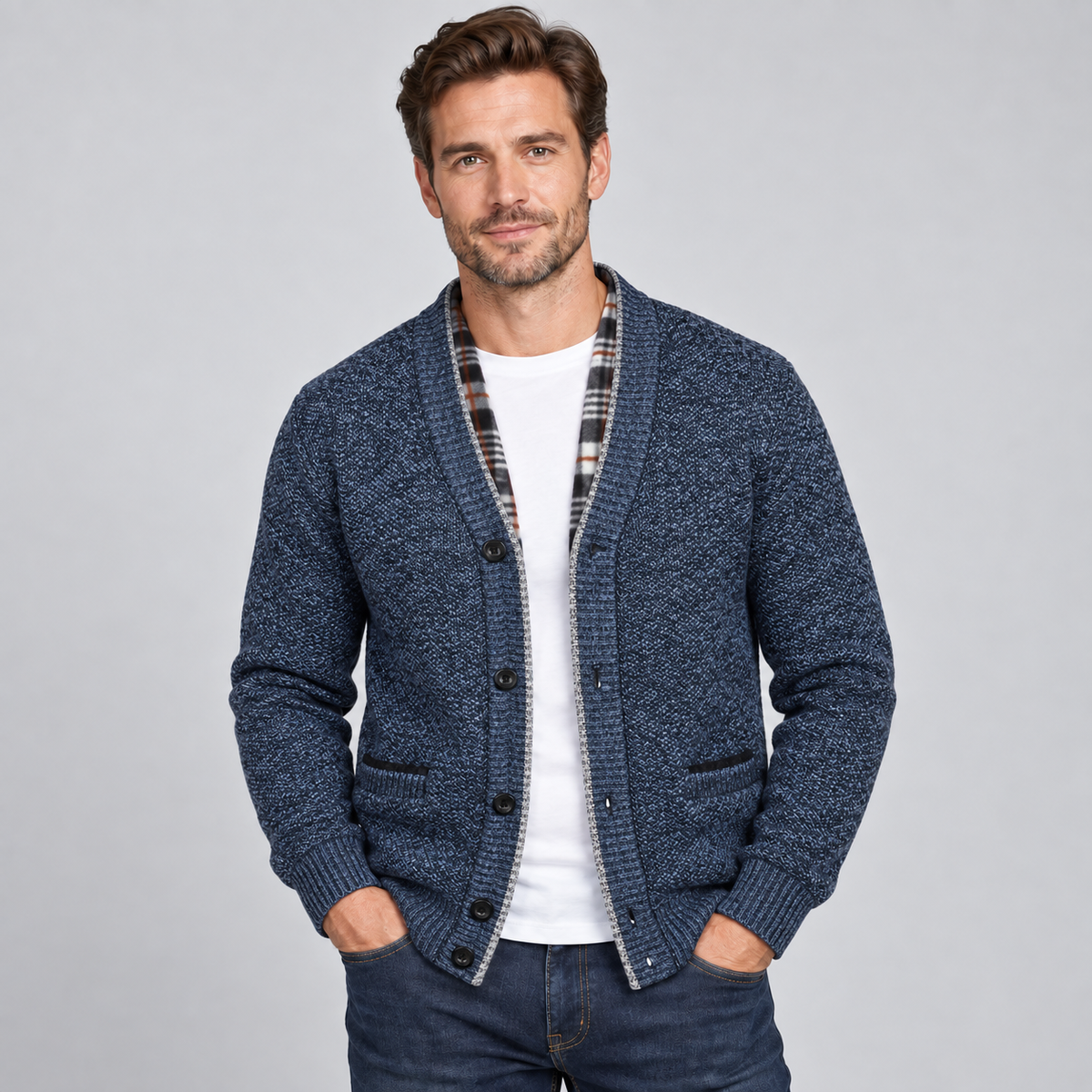 Men's Knit Shawl Collar Cardigan with Plaid Trim
