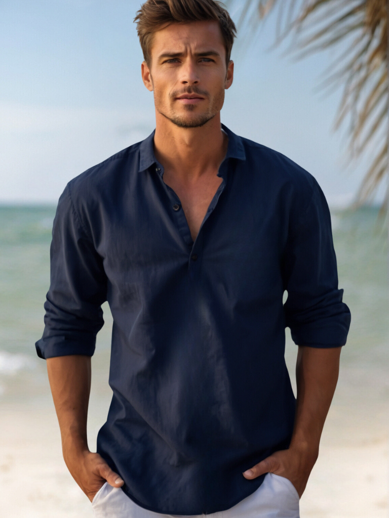 Linen Blend Long Sleeve Popover Shirt with Open Collar