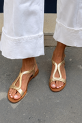 Metallic Cut-Out Strap Flat Sandals with Ankle Buckle