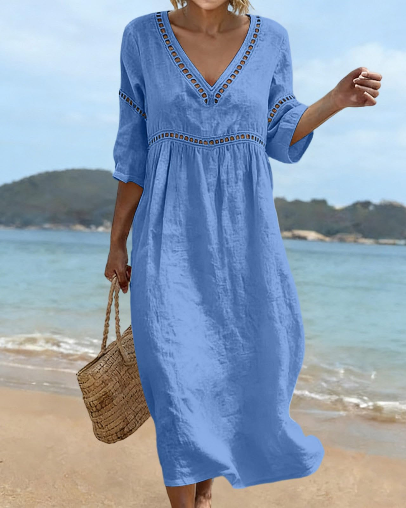 Linen Midi Dress with Hollow Out Trim and Flared Sleeves