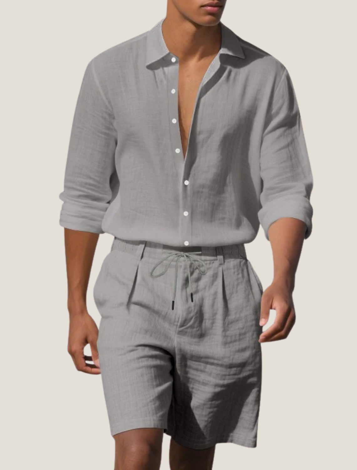 Linen Two Piece Set with Long Sleeve Shirt and Shorts