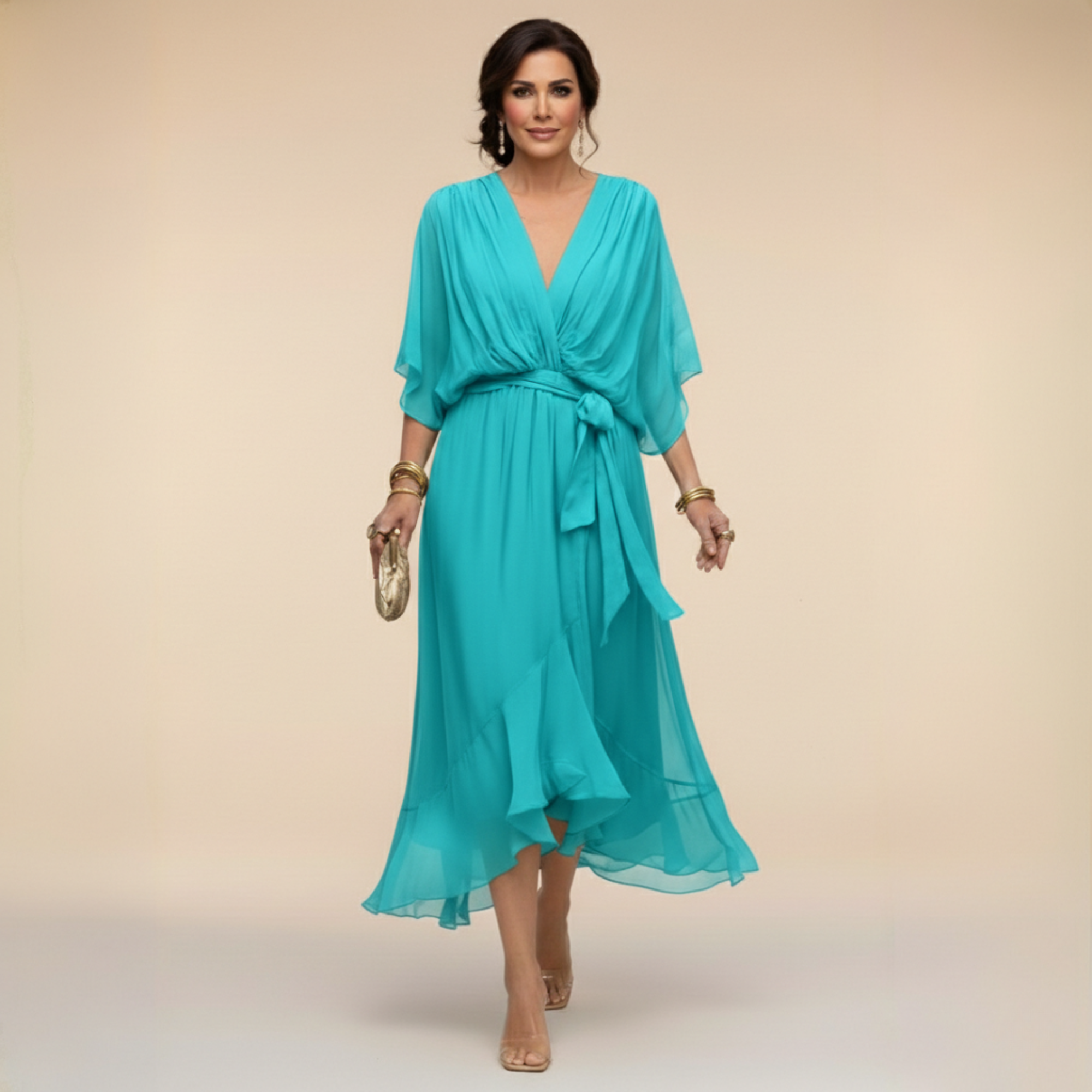 Robe midi portefeuille en mousseline à manches kimono