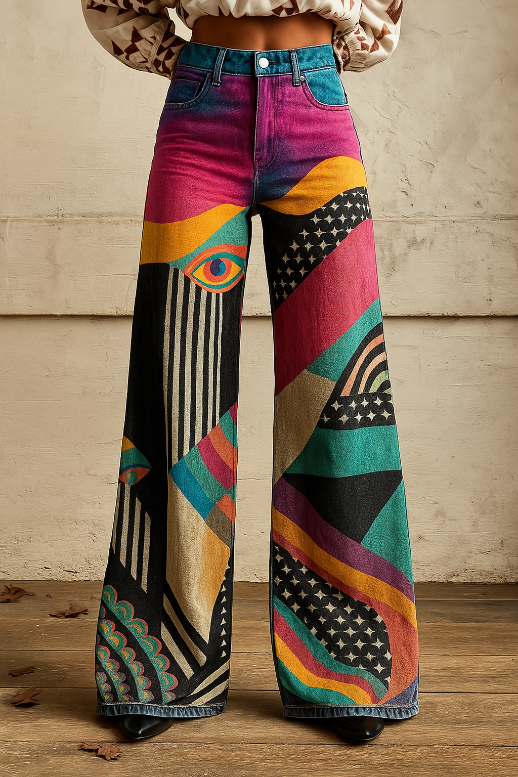 Abstract Art Print High-Waisted Wide-Leg Denim Jeans