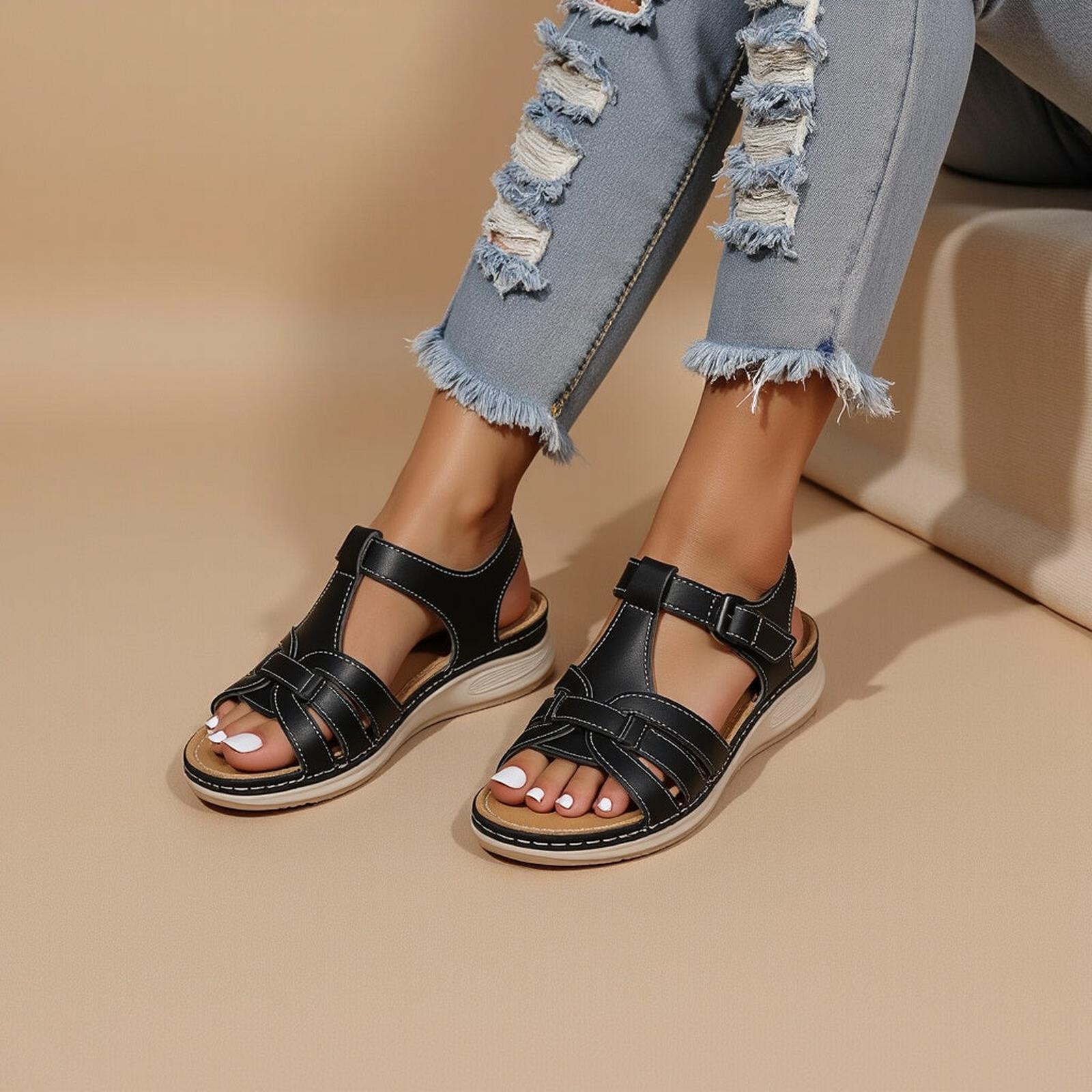 Braided Strap T-Bar Comfort Wedge Sandals
